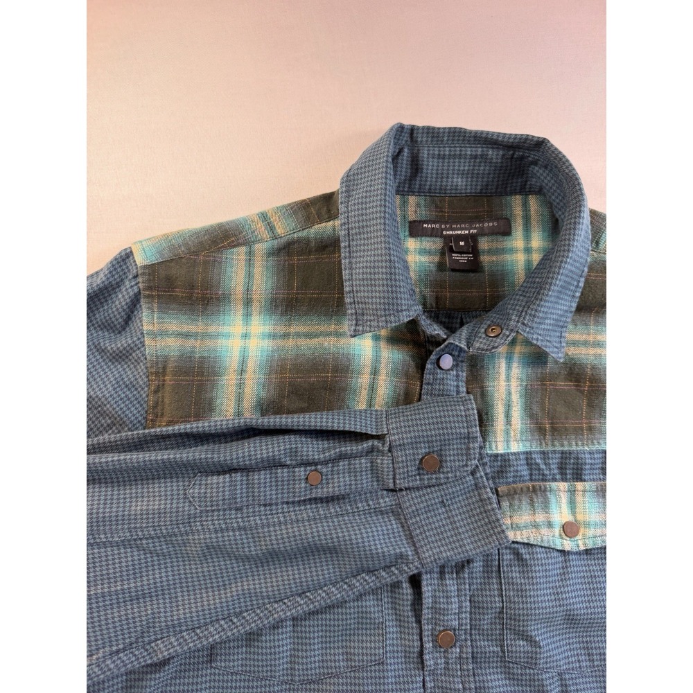 Marc by Marc Jacobs Shrunken Fit Shirt Mens M Blue Green Plaid Flannel Pockets